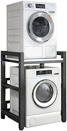 46459 Washing Machine Storage Rack, Height Adjustable Dryer Rack with Washing Machine and Dryer Storage Rack, Space Saving with Load Capacity - Black frame with White top