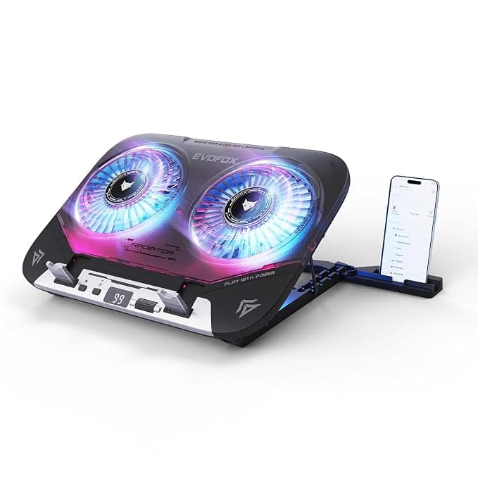 EvoFox Blizzard 2 Xtreme Laptop Cooling Pad | Dual Semiconductor Plates, 2x140 mm Fans, RGB Lighting, Digital Display & Roller Control, 5-Level Stand, USB Extender & Phone Holder, Upto 15” Laptops